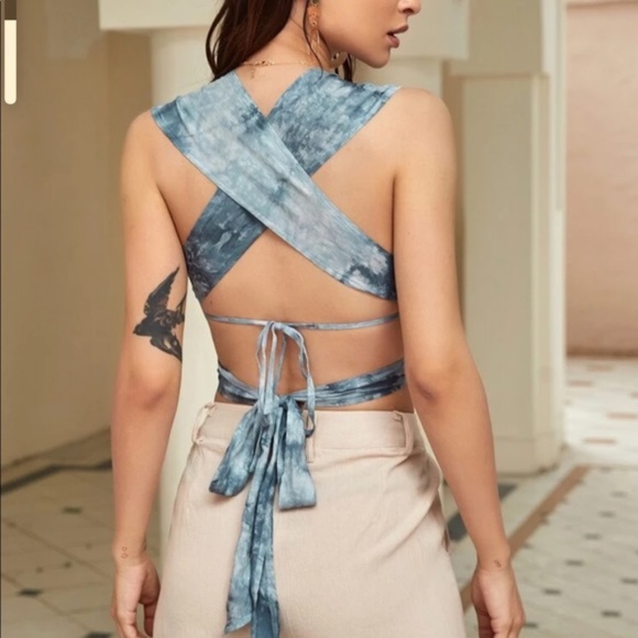 Boho Blue Tie Dye Plunging Neck Wrap Halter Top - Picture 3 of 5